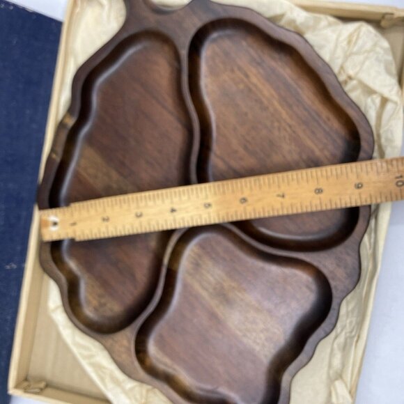 Vintage Kala Wood Hand Rubbed Carved 3 Section Leaf Tray MCM Mid Century Dark - Picture 5 of 10